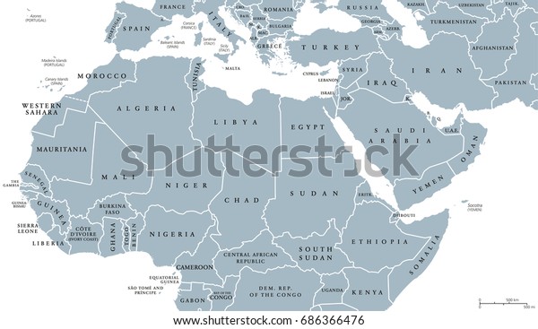 国と国境を持つ北アフリカと中東の政治地図 英語の表示 マグレブ 地中海 西アジア 中央アジア諸国 白い背景にグレイイラスト ベクター画像 のベクター画像素材 ロイヤリティフリー