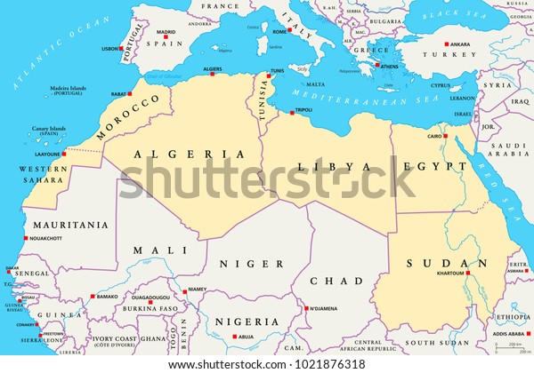 north african coast map North Africa Region Political Map Yellow Stock Vector Royalty north african coast map