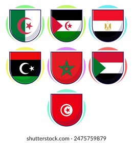 Banderas de países del norte de África. Diseño plano de elementos de Vector de dibujos animados, símbolos de viaje, símbolos de Lugar famoso, geografía y emblema de mapas.