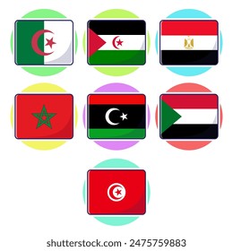 North african countries flags. Flat rectangle vector element design, travel symbols, landmark symbols, geography and map flags emblem.