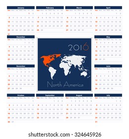 North America 2016 Calendar Vector Template. Week Starts Sunday.