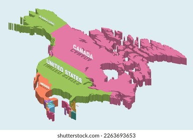 North America 3d (isometric) map on light blue background with volumetric inscriptions