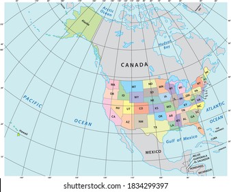 Mapa del vector administrativo de América del Norte con latitud y longitud