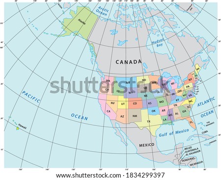 North America administrative vector map with latitude and longitude