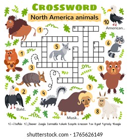 North America animals crossword. For preschool kids activity worksheet. Children crossing word search puzzle game
