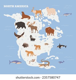 Nordamerika Tiere und Fauna auf Kartenhintergrund, flache Vektorgrafik. Tiere aus Nordamerika, die Informationen über die Natur oder Geografie erhalten haben.