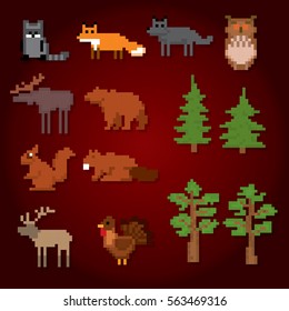 North America animals icon set. Pixel art. Old school computer graphic style. Games elements.