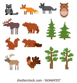 North America animals icon set. Pixel art. Old school computer graphic style. Games elements.