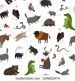 North america animals seamless pattern. Vector illustration. Wildlife skunk and buffalo, mouse and porcupine