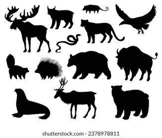 In Nordamerika werden Vektorgrafiken mit schwarzem Silhouettensatz gezeigt. Elch, Bison, Bär, Rentiere wild lebende Waldtiere. Skunk, Lynx, Cougar und andere. Kontakt von flachen Säugetieren, Natursymbol