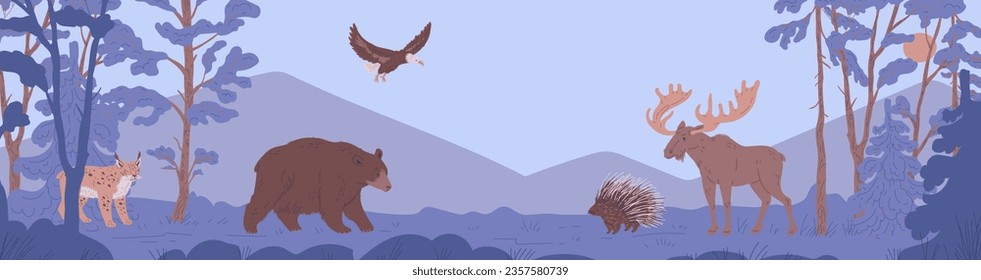 North America animals vector nature landscape. Moose, Bear, Bald eagle, Lynx and Porcupine wild forest animals. Colorful flat mammals in the forest against of mountains and sky