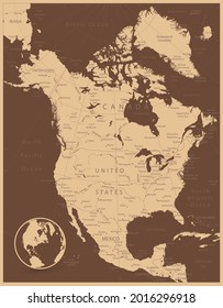 North America Antique Map. Highly detailed map. All elements are separated in editable layers clearly labeled.