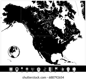 North America Black Map and Flat Map Pointers. Vector illustration.