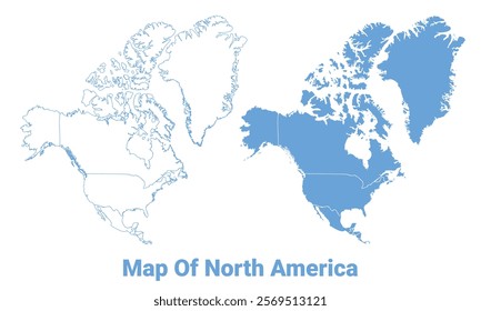 North America Blue map flat regions border outline vector illustration