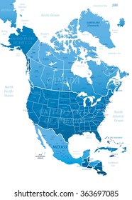 North America Blue Map-Vector Illustration