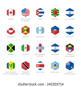 North America and Caribbean Flag Icons. Hexagon Flat Design.