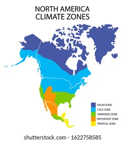 North America climate zones, vector geographic infographics. Climatic regions of North America continent, geography science.