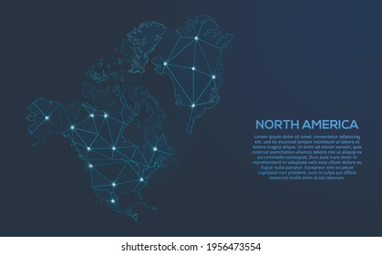 Mapa de la red de comunicaciones de Norteamérica. Imagen de un mapa global con luces en forma de ciudades. Mapa en forma de constelación, silencio y estrellas