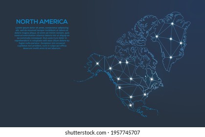 North America communication network map. Vector low poly image of a global map with lights in the form of cities. Map in the form of a constellation, mute and stars