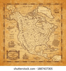 North America Continent Ancient Map With Mountain Ranges, Rivers And Lakes Names, Mythological Sea Beasts, Medieval Caravel Ship Vector. United States Of America Territory Map On Aged, Old Paper