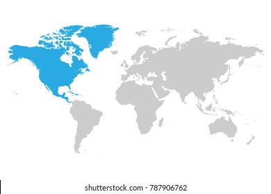 North America continent blue marked in grey silhouette of World map. Simple flat vector illustration.