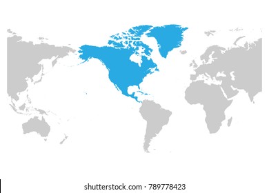 North America continent blue marked in grey silhouette of America centered World map. Simple flat vector illustration.
