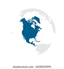 North America continent dark blue highlighted silhouette on Earth globe. Vector illustration