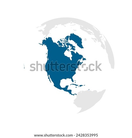 North America continent dark blue highlighted silhouette on Earth globe. Vector illustration