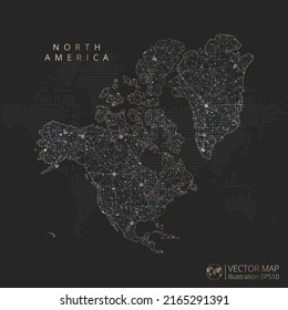 North America Continent map abstract geometric mesh polygonal light concept with black and white glowing contour lines countries and dots on dark background. Vector illustration.