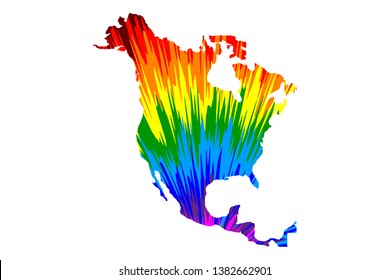 North America continent - map is designed rainbow abstract colorful pattern, North America map made of color explosion,