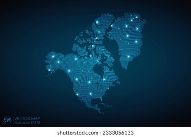 North America Continent map radial dotted pattern in futuristic style, design blue circle glowing outline made of stars. concept of communication on dark blue background. Vector EPS10