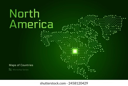 Mapa del continente de Norteamérica mostrado en un patrón de microchip. Gobierno electrónico. Mapas de Vector continental. Serie de microchips	
