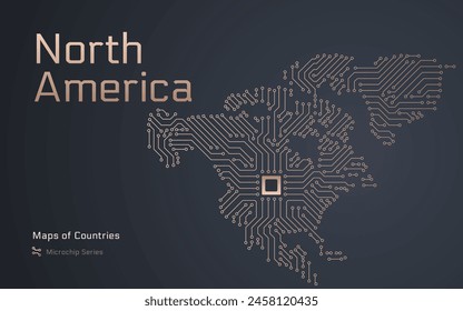 Mapa del continente de Norteamérica mostrado en un patrón de microchip. Gobierno electrónico. Mapas de Vector continental. Serie de microchips	
