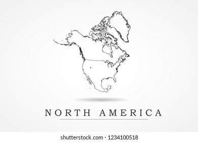 North America Continental Map- World Map International vector template with 
thin black outline or outline graphic sketch style and black color isolated on white background - Vector illustration eps 1