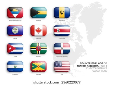 North America Countries Flags 3D Vector Rounded Glossy Icons Set Isolated On White Part 1. American Official National Flags Bright Vivid Color Bulging Round Buttons Collection On Light Background