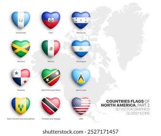 Países de América del Norte Banderas 3D Vector del corazón Iconos brillantes conjunto aislado en blanco Parte 2. Banderas Nacionales Oficiales Americanas Brillante Color Vivo Bulging Heart Shaped Botones Clip Arte Elementos de diseño