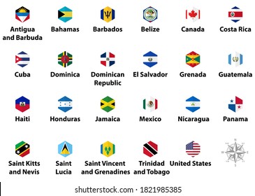 North America countries' flags hexagon flags  isolated flat style icons collection