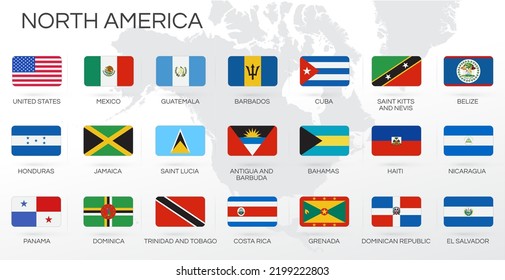 North America countries flags set. Various designs. World vector collection. Icon. Template for independence day. Collection of national symbols. USA, Mexico, Cuba, Panama, Dominica, Guatemala