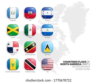 Países De Norteamérica Indicadores De Iconos De Vector 3D Aislados En Fondo Blanco Parte 2. Funcionario Estadounidense Banderas Nacionales Cuadradas Colección De Botones Convexos De Color Luminoso Sobre El Fondo Luminoso