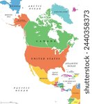 North America countries, political map. Continent bordered by South America, Caribbean Sea, and by Arctic, Atlantic and Pacific Ocean. Canada, United States, Mexico, etc. Multi colored illustration.