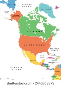 North America countries, political map. Continent bordered by South America, Caribbean Sea, and by Arctic, Atlantic and Pacific Ocean. Canada, United States, Mexico, etc. Multi colored illustration.