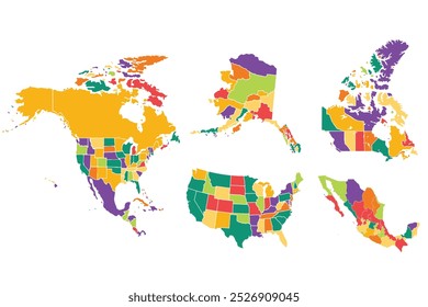 Países de América del Norte, mapa político. Continente bordeado por América del Sur, Caribe.Canadá, Estados Unidos, México.Ilustración multicolor.