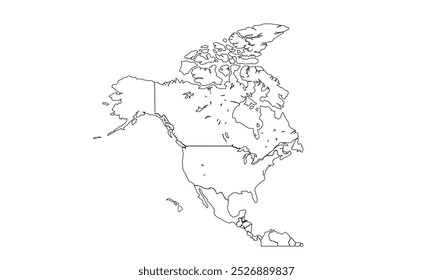 North America countries, political map.Continent borders Map outline sketch isolated on white.