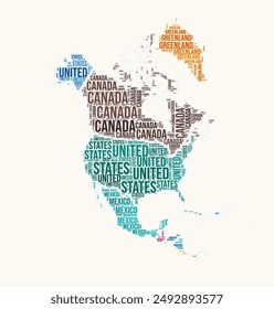 North America countries word cloud. Continent logo design. Countries typography style vector image. North America colored text cloud. Classy vector illustration.
