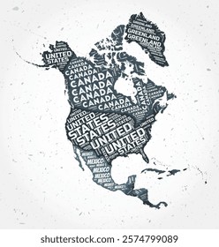 North America countries word clouds. Continent shape on textured background. North America design in typographic style. Amazing vector illustration.