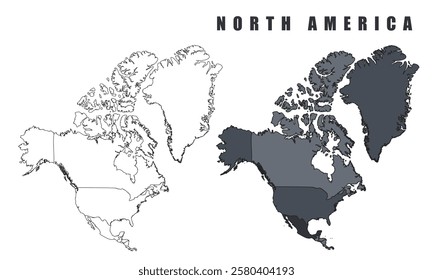 North America country map black flat outline vector illustration set