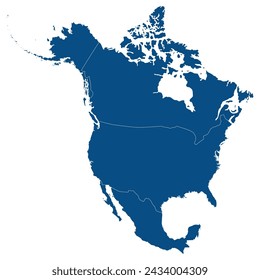 North America country Map. Map of North America in blue color. 