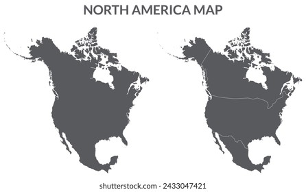 North America country Map. Map of North America in set grey color