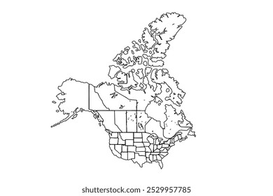 Mapa del país de América del Norte. Mapa de América del Norte en color blanco. Ilustración vectorial de arte de línea, mapa de dibujo de línea.