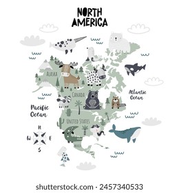 North America cute vector map illustration for kids. Animal map. Children's map design for wallpaper, kid's room, wall art. Oceans. Mainland. Deer, raccoon, beaver, yak, bear, narwhal, orca, whale.